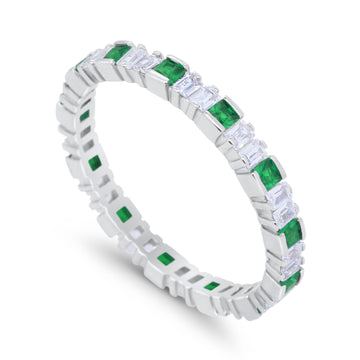 Baguette Princess Full Eternity Wedding Band Ring Round Simulated Green Emerald CZ 925 Sterling Silver